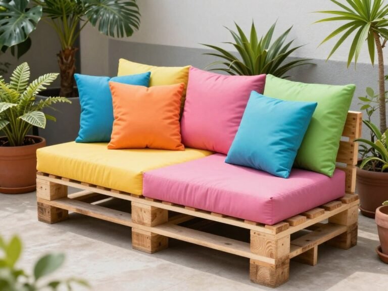 DIY pallet sofa with colorful cushions in a small backyard patio area
