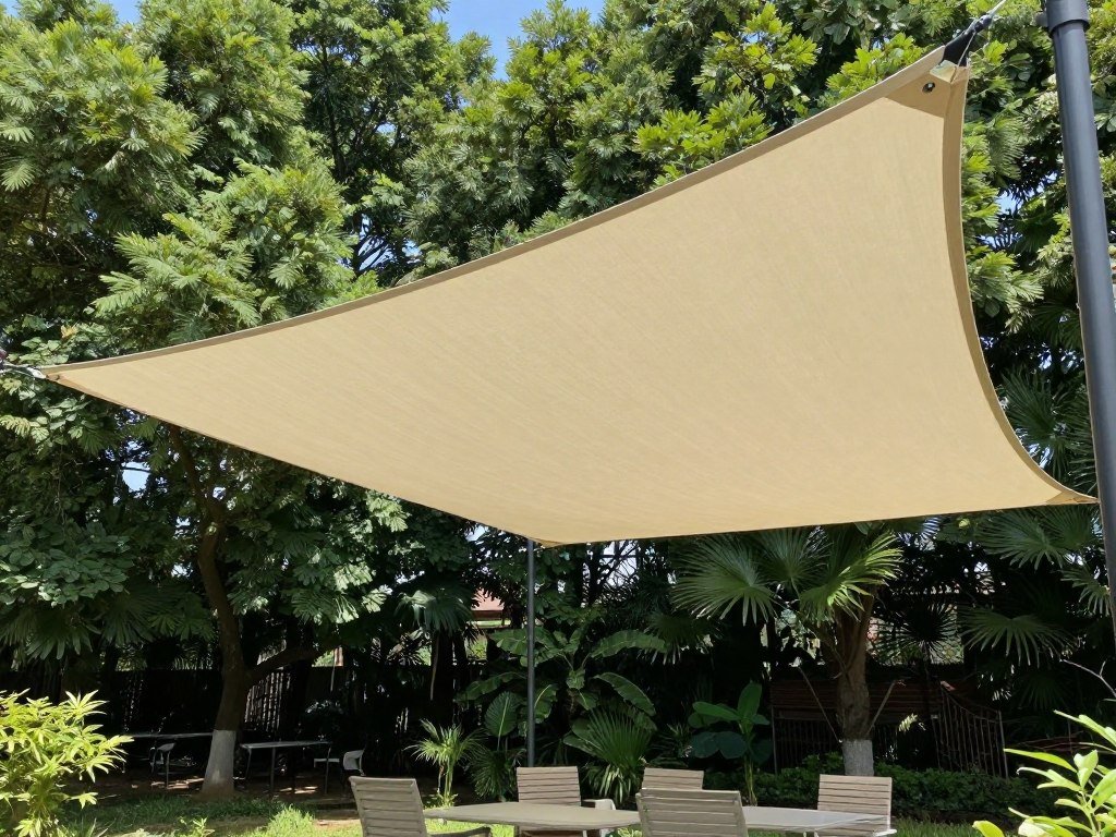 DIY patio shade sail providing coverage over a small outdoor seating area DIY patio shade sail providing coverage over a small outdoor seating area