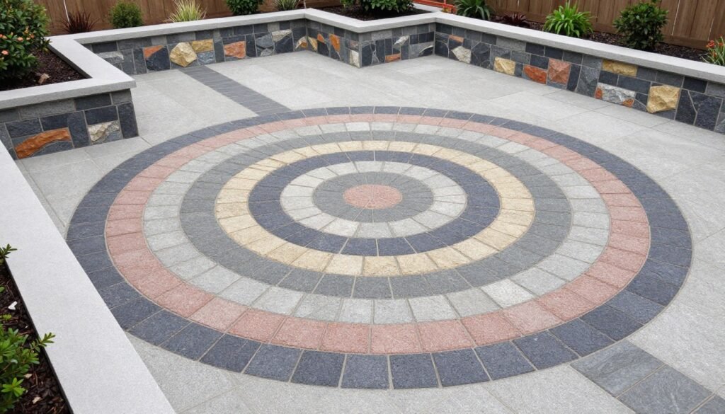 DIY patio with unique mosaic inlay design and integrated planters