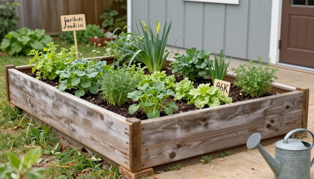 DIY raised garden beds made from reclaimed wood with herbs and vegetables in a farmhouse setting DIY raised garden beds made from reclaimed wood with herbs and vegetables in a farmhouse setting