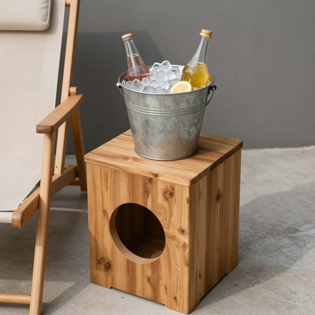 DIY side table with built-in ice bucket for drinks