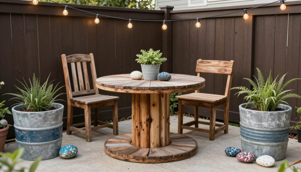 DIY small patio with repurposed furniture, handmade planters, and budget-friendly decor