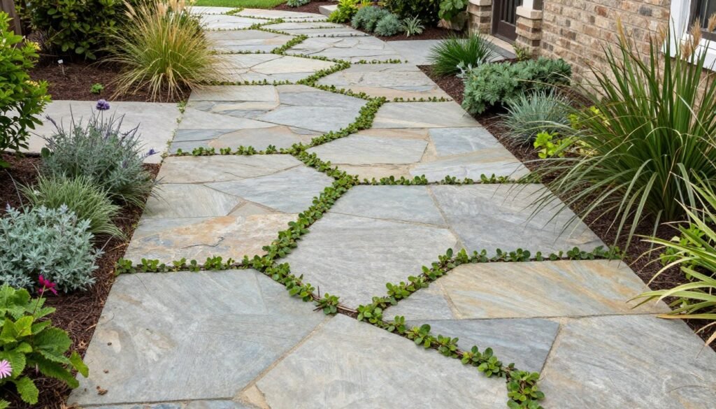DIY stone pathway with planted edges in a home garden