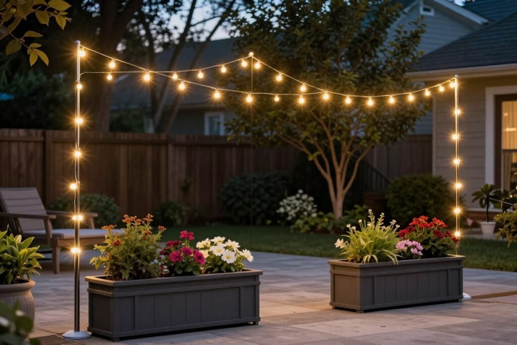 DIY string light poles in decorative planters on a patio