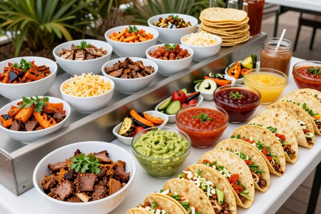 DIY taco bar with various fillings, toppings, and sauces arranged on an outdoor buffet table