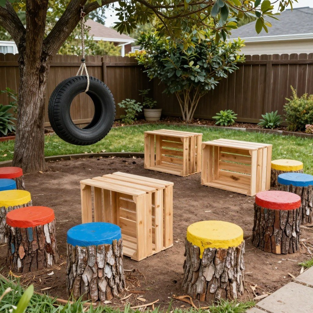 DIY tire swing and upcycled materials in a backyard play area for kids