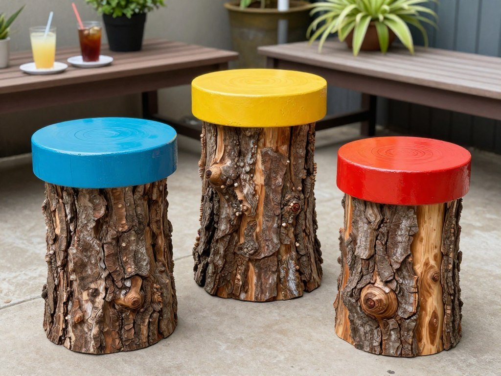 DIY tree stump side tables with painted tops and sealed surfaces DIY tree stump side tables with painted tops and sealed surfaces