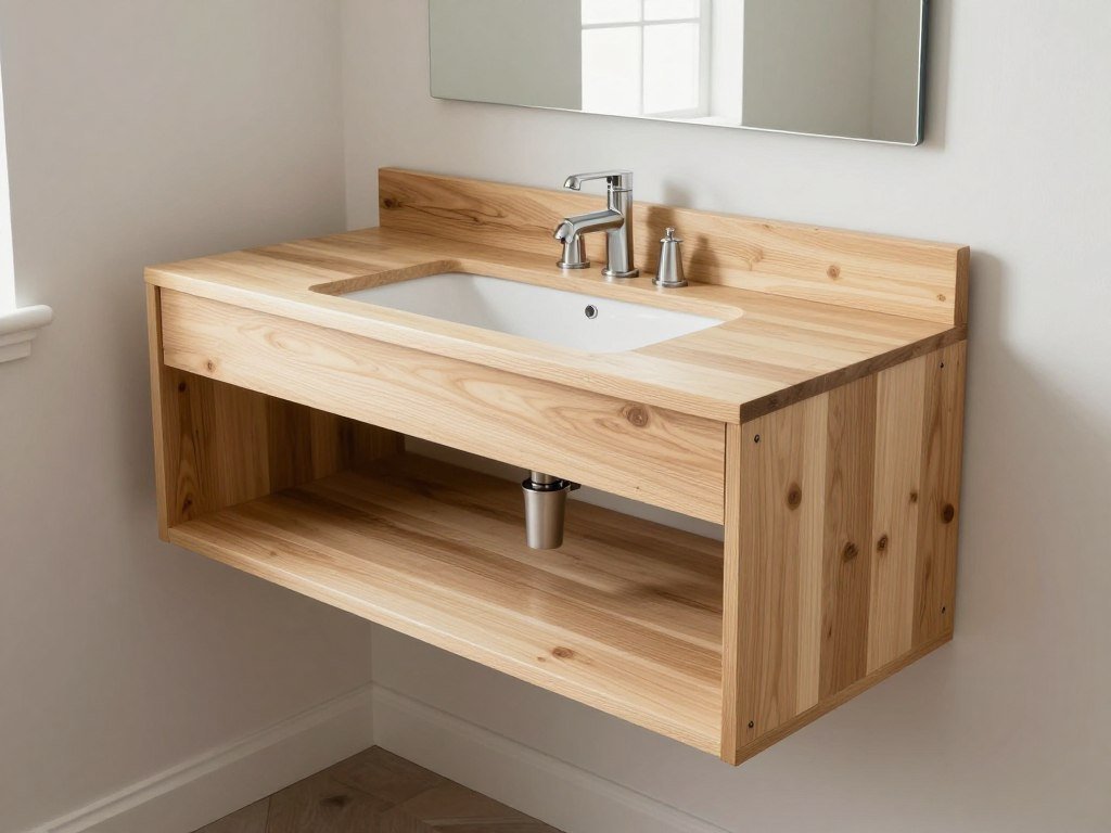 DIY vanity inspo showing custom-built floating vanity with storage