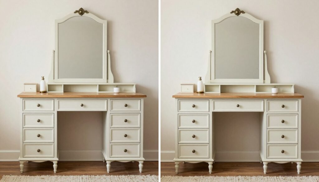 DIY vanity inspo showing transformed vintage furniture into modern vanity