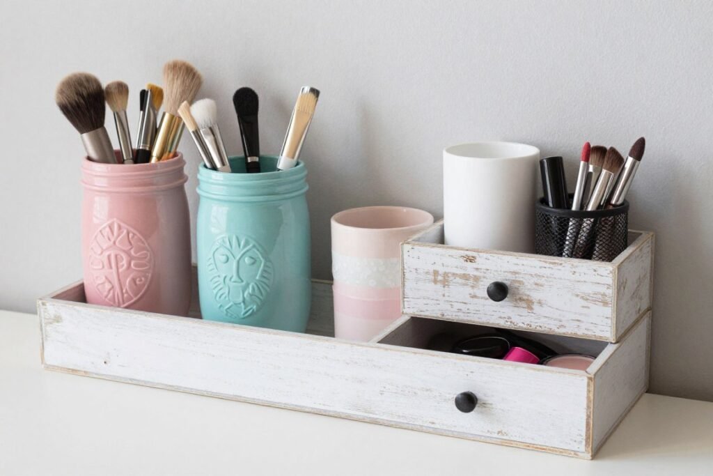 DIY vanity organization system made from repurposed containers and decorative elements