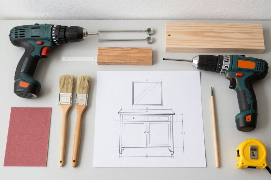 DIY vanity project tools and materials laid out