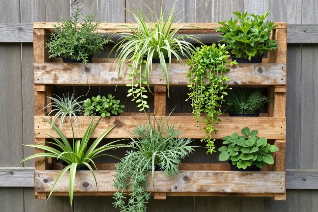 DIY vertical garden made with repurposed materials as a cheap landscaping idea
