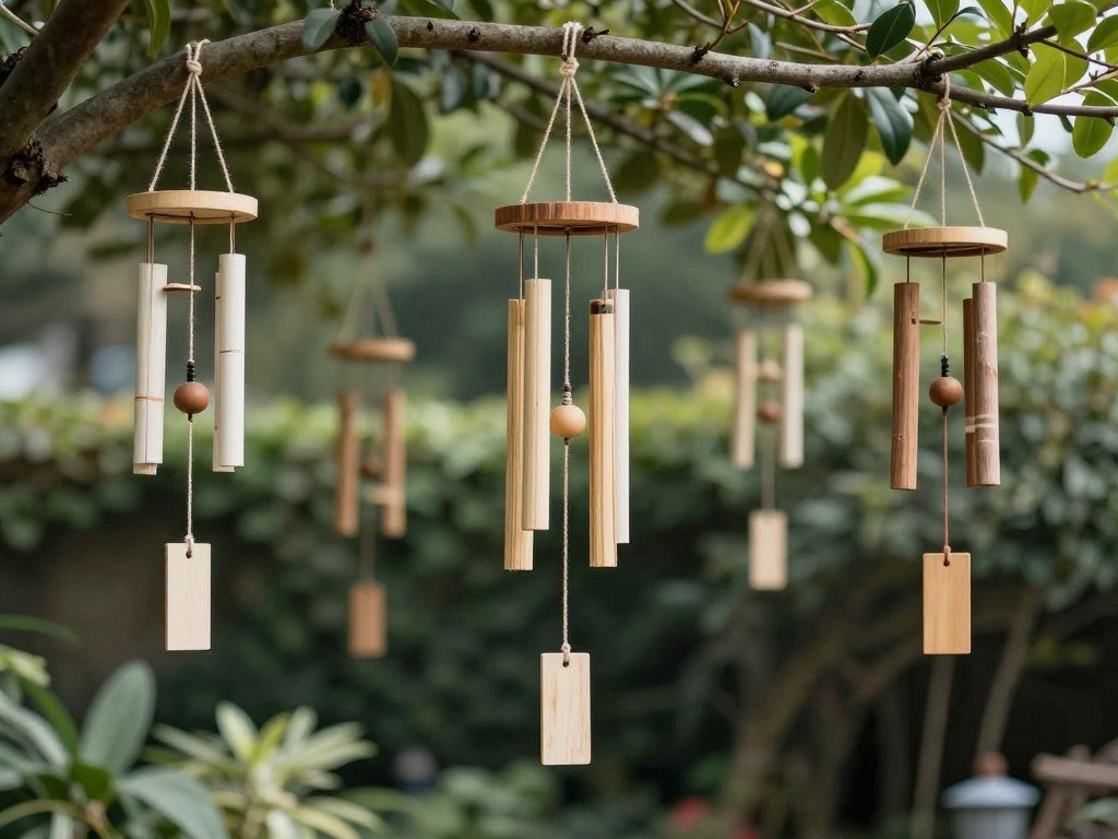 DIY wind chimes made from repurposed materials hanging in a garden