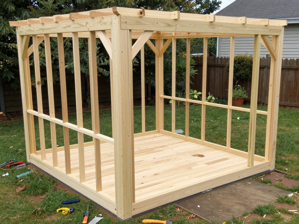 DIY wooden gazebo kit being assembled in a backyard setting