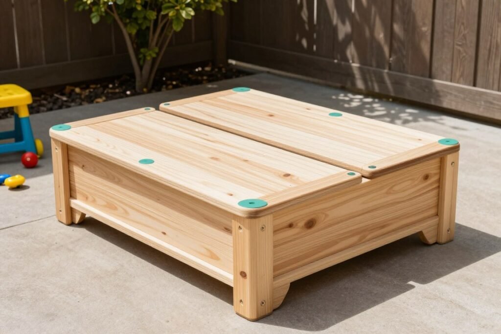 DIY wooden sandbox with hinged lid that converts to seating