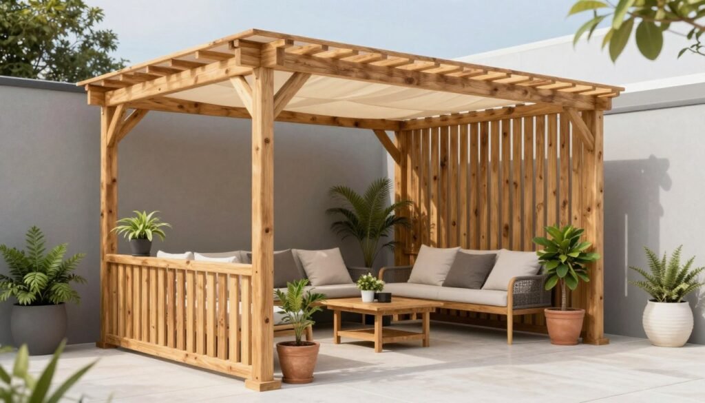 DIY wooden slat pergola with canvas cover and simple outdoor furniture