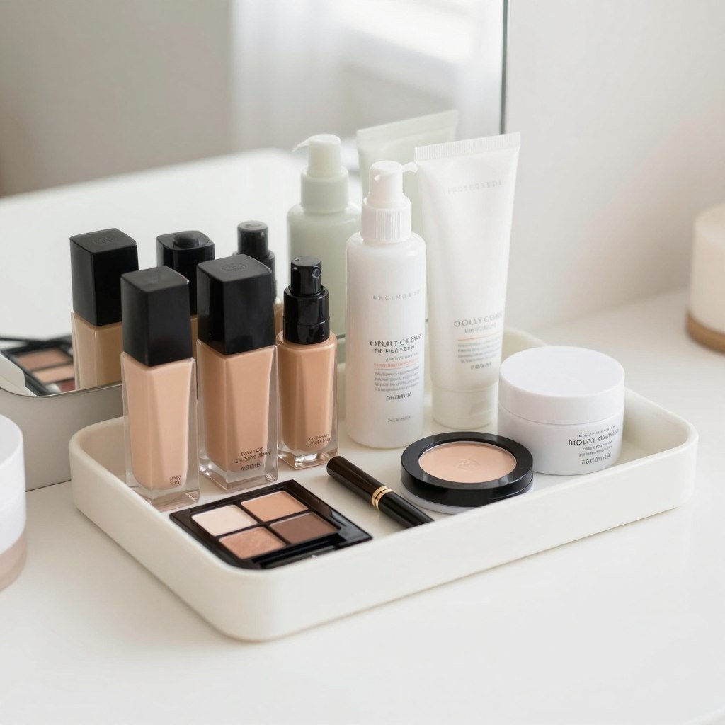 Daily essentials zone on a vanity with most-used products easily accessible Daily essentials zone on a vanity with most-used products easily accessible