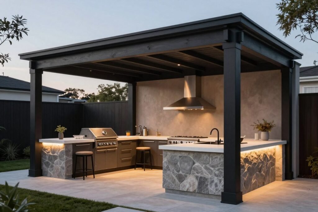 Dark pergola with integrated lighting over an outdoor kitchen with stone countertops and built-in grill
