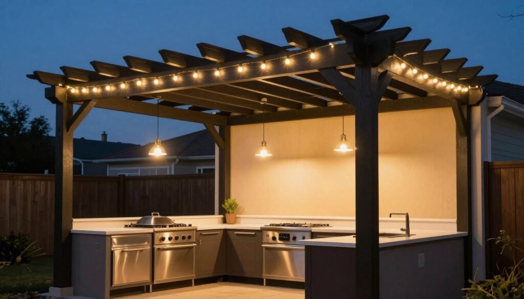 Dark pergola with string lights, pendant lights, and integrated LED lighting creating a warm ambiance