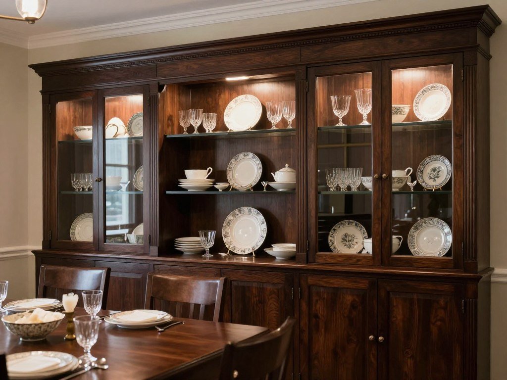 Dark wood built-in hutch dining room with traditional styling