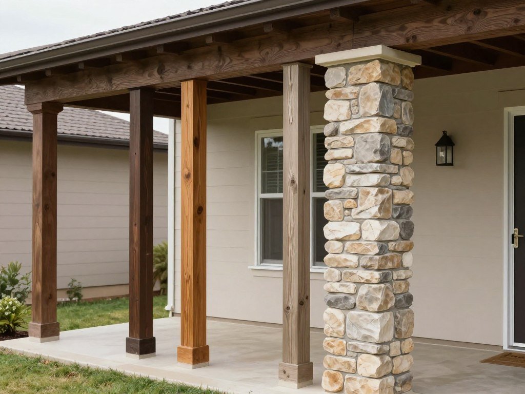 Decorative columns supporting covered patio roof
