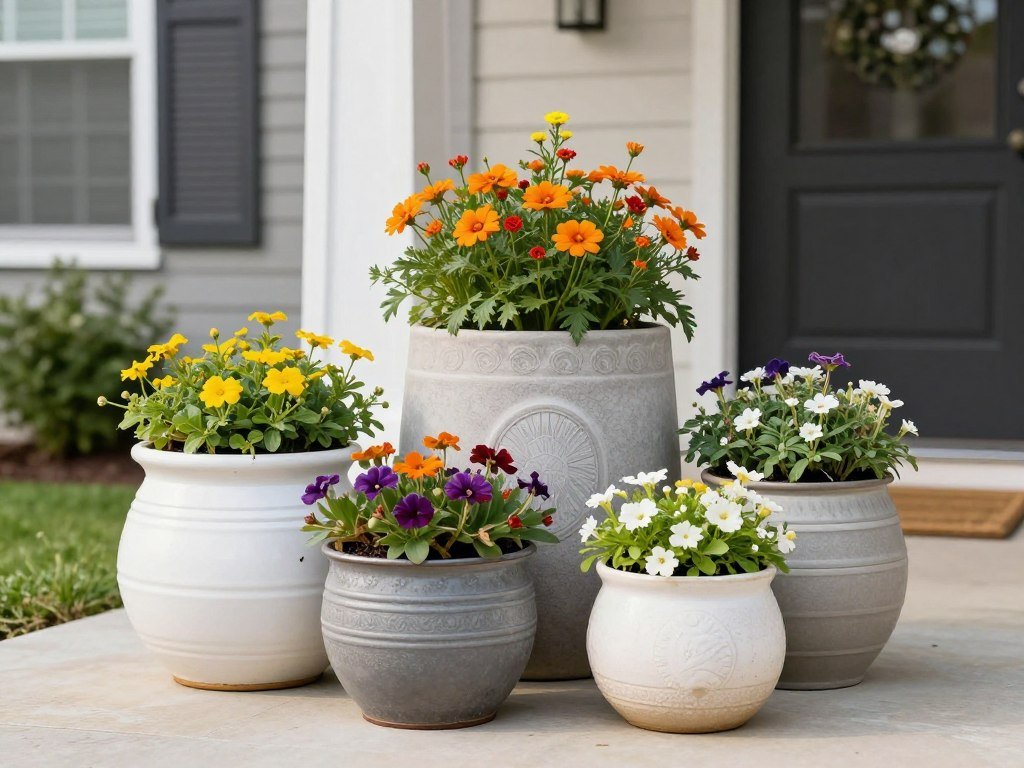Decorative containers with seasonal plantings adding color and height to a small front yard