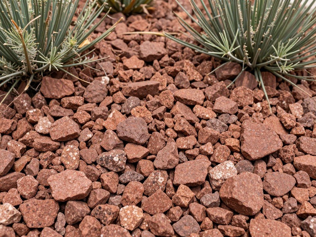 Decorative crushed granite in a garden bed with drought-resistant plants