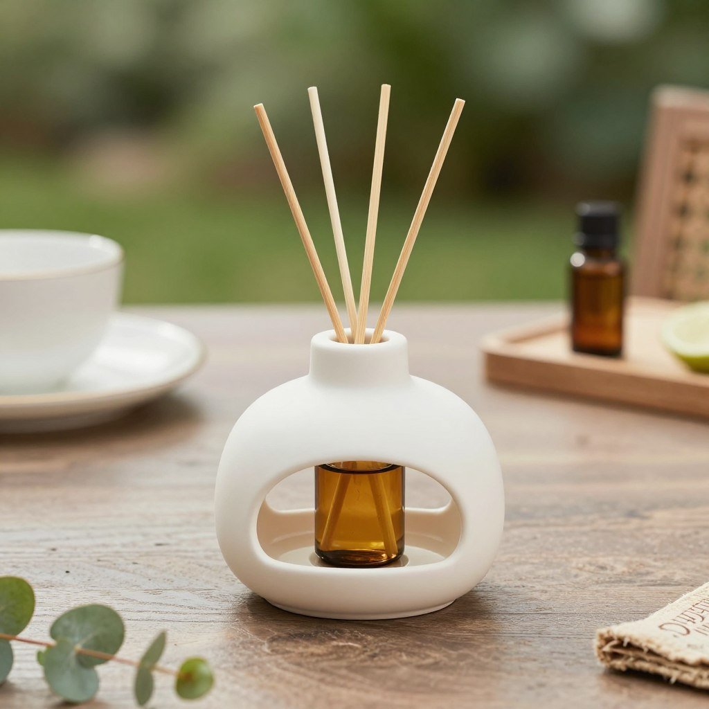 Decorative diffuser with essential oils placed on outdoor dining table