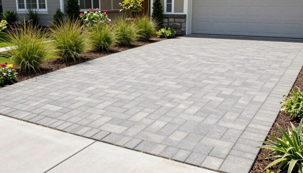 Decorative driveway with permeable pavers and border plantings Decorative driveway with permeable pavers and border plantings