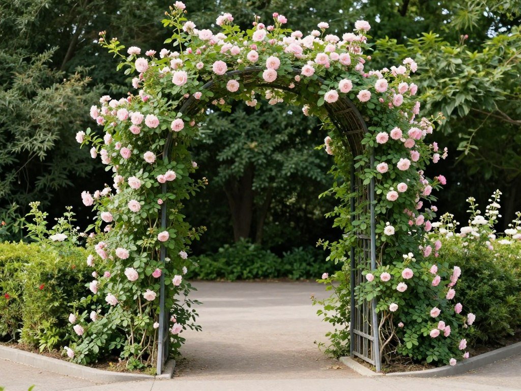 Decorative garden arch positioned at a corner junction of two pathways with climbing roses or flowering vines