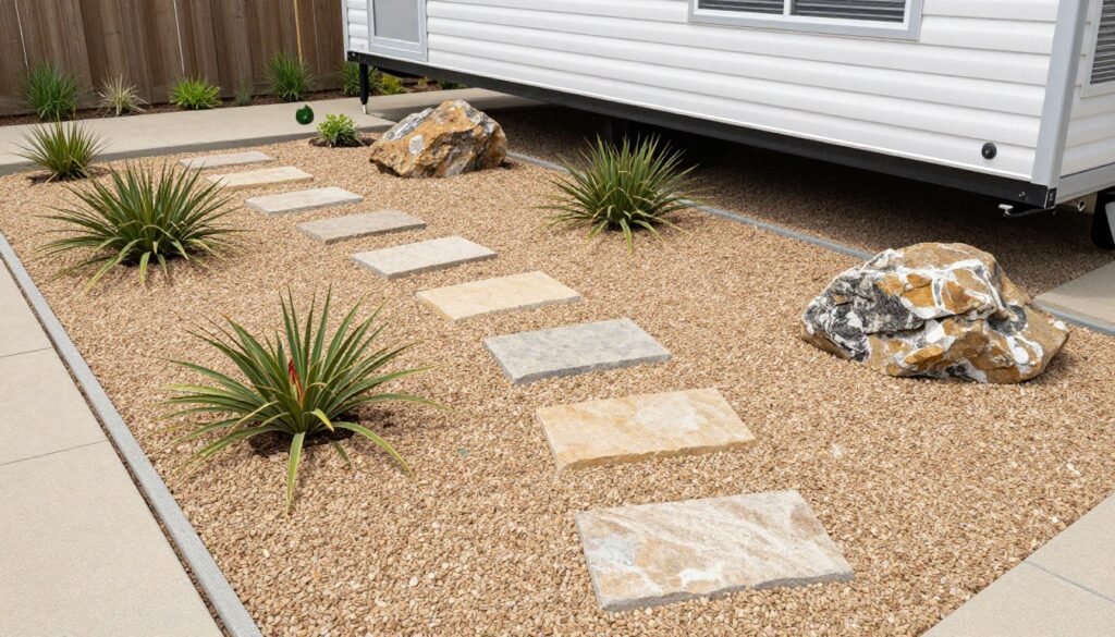 Decorative gravel area with stepping stones and drought-resistant plants creating an attractive, low-maintenance space around a mobile home