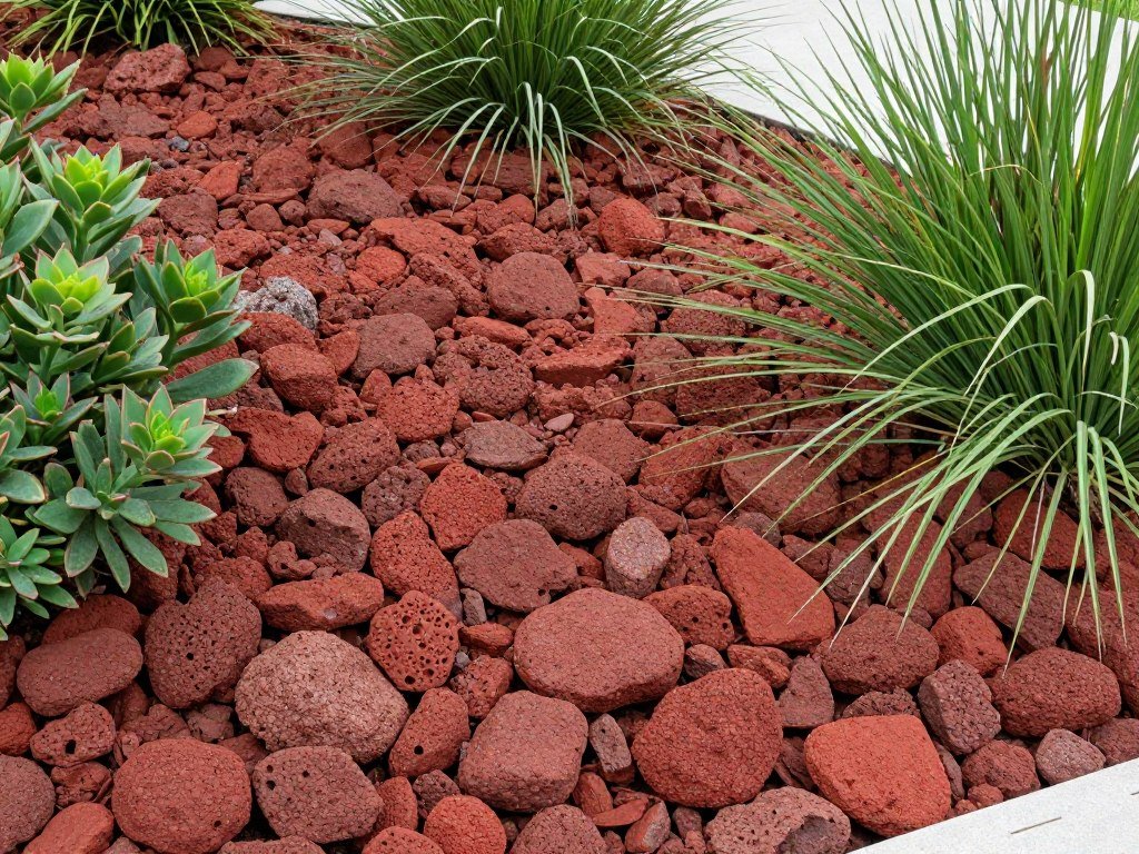 Decorative lava rock in a vibrant red color used in a modern garden design