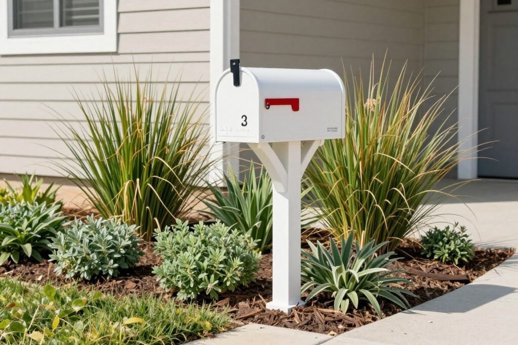 Decorative mailbox with surrounding plantings integrated into front yard landscape Decorative mailbox with surrounding plantings integrated into front yard landscape