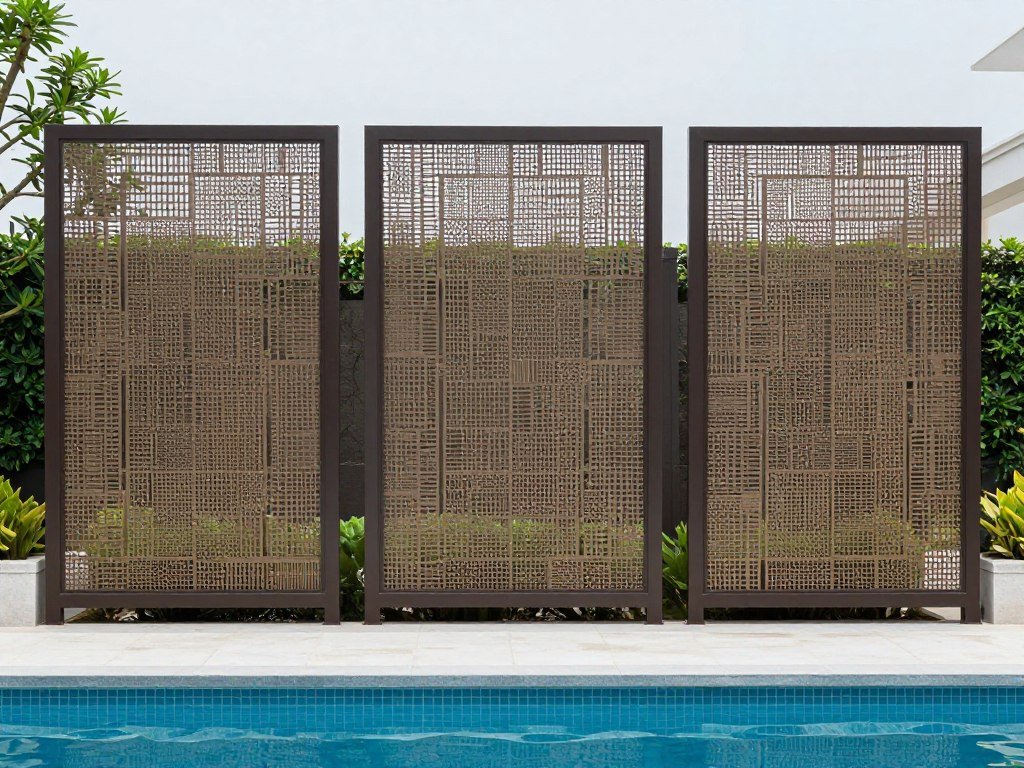 Decorative privacy screens and panels around a pool area with integrated plantings