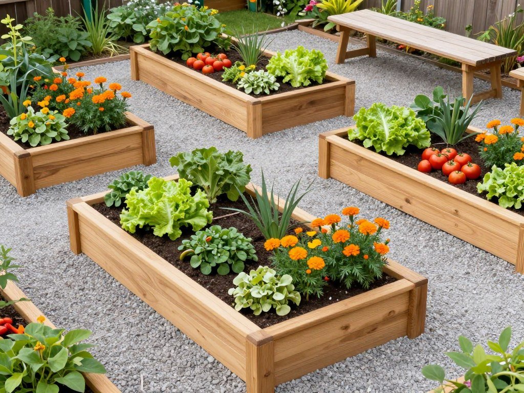 Decorative raised garden beds with mixed vegetables and flowers