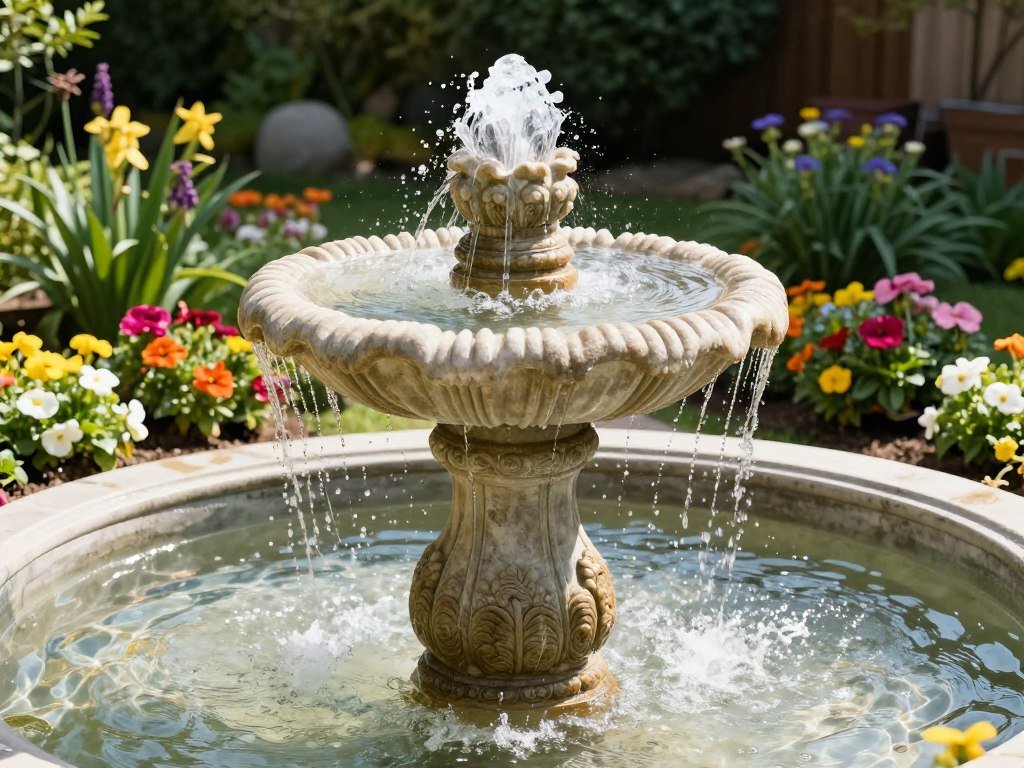Decorative stone fountain in a garden corner with water bubbling from the top surrounded by colorful flowers