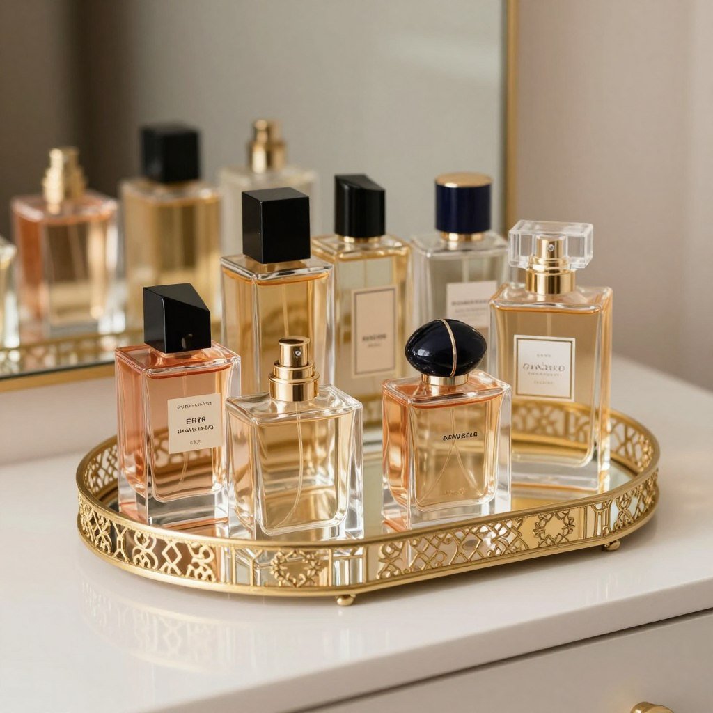 Decorative tray with perfume bottles on vanity
