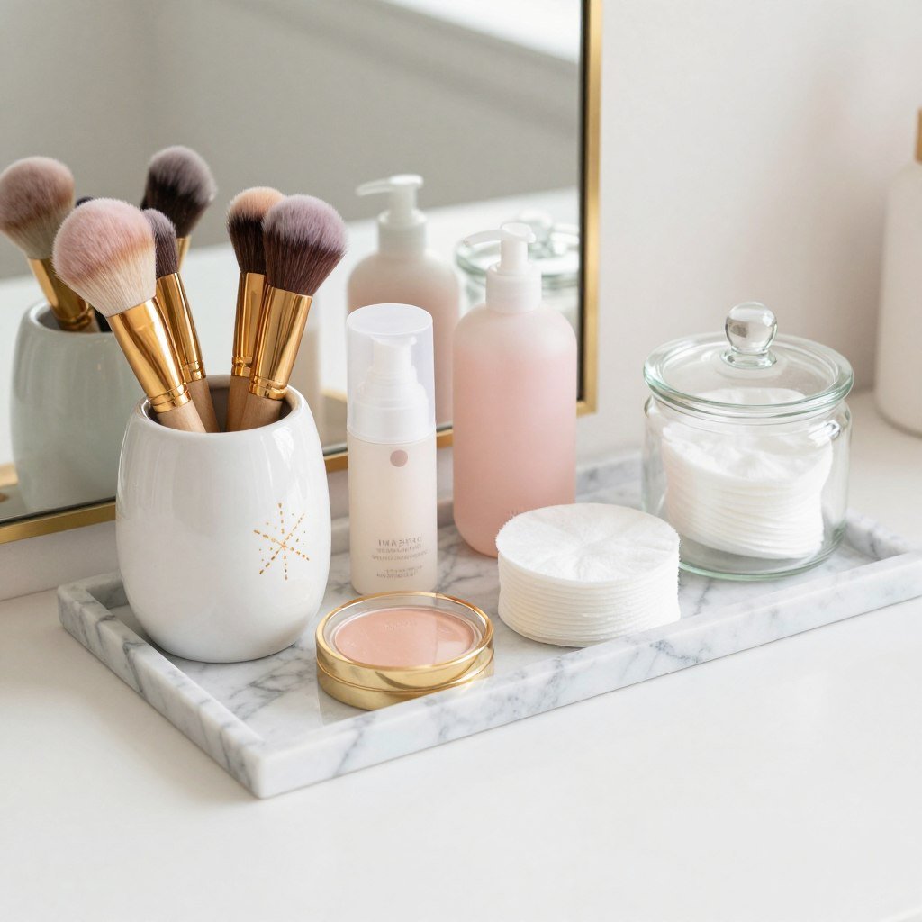 Decorative vanity organization using marble trays, ceramic holders, and glass jars