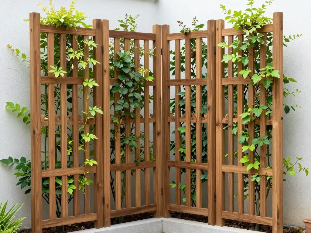 Decorative wooden privacy screen in a garden corner with climbing plants partially covering the structure