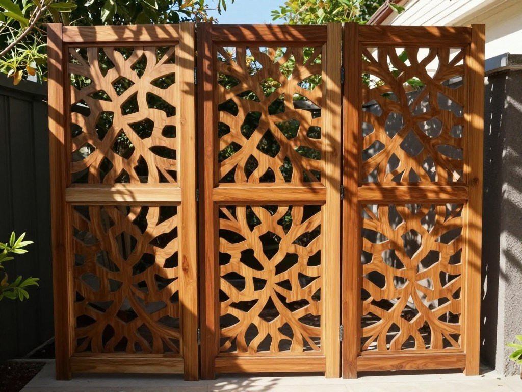 Decorative wooden privacy screen with intricate cutout pattern creating dappled light in a cozy backyard