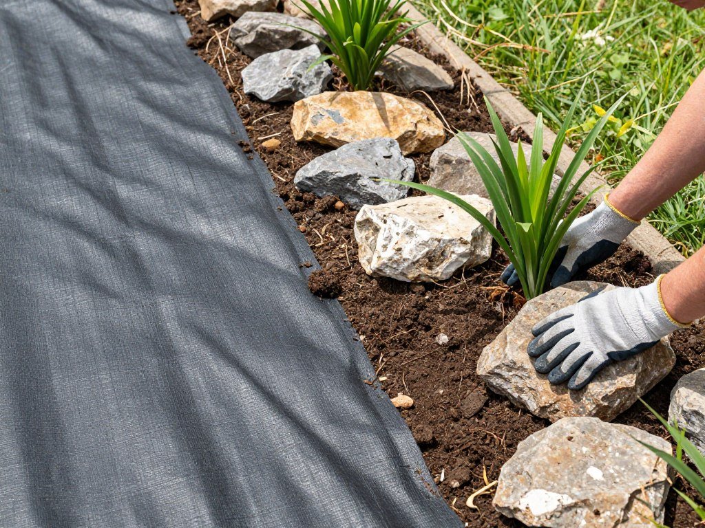 Demonstration of proper rock garden installation showing landscape fabric, rock placement, and plant installation techniques