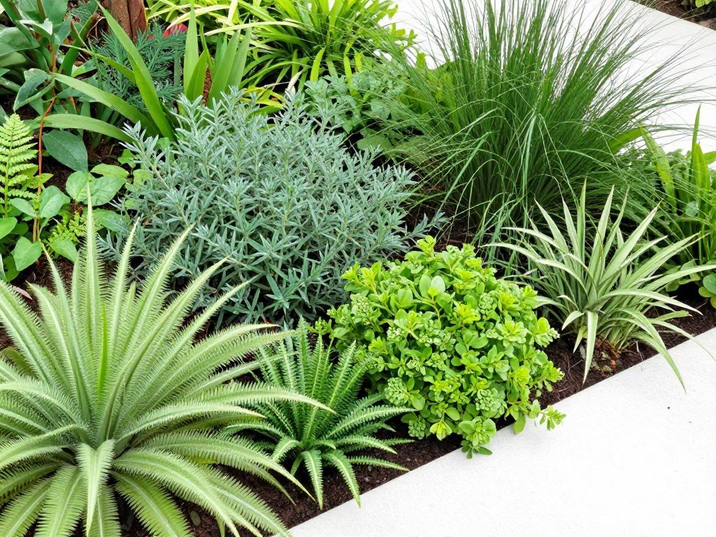 Depressed corner garden area designed to collect rainwater with moisture-loving native plants thriving in the space