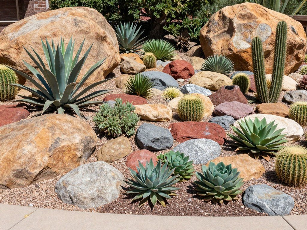 Desert-inspired front yard rock garden with succulents, cacti, and multicolored stones creating a drought-resistant landscape