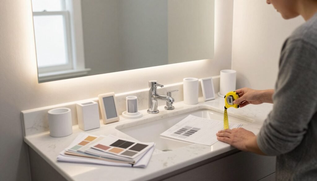 Designer measuring and planning vanity lighting installation with samples and swatches