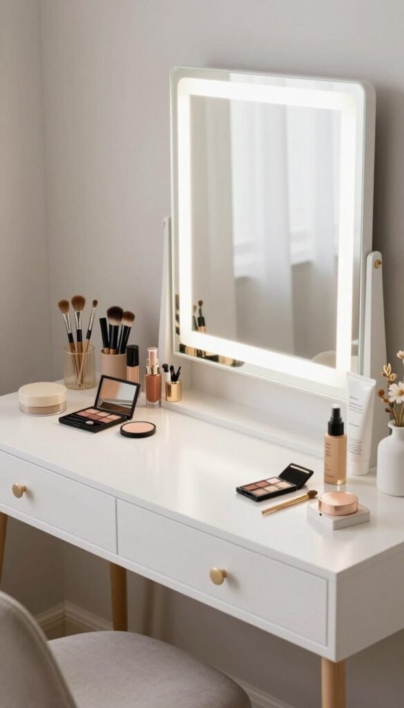 Desk and vanity combo set up for beauty routine with organized makeup and skincare products