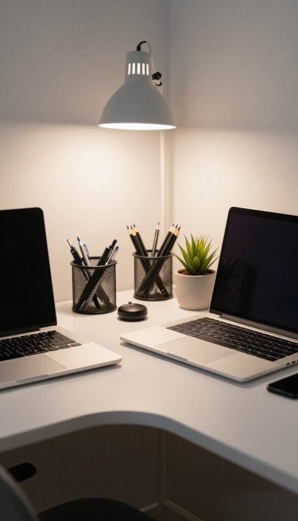 Desk and vanity combo set up for work mode with laptop, organized supplies, and good lighting