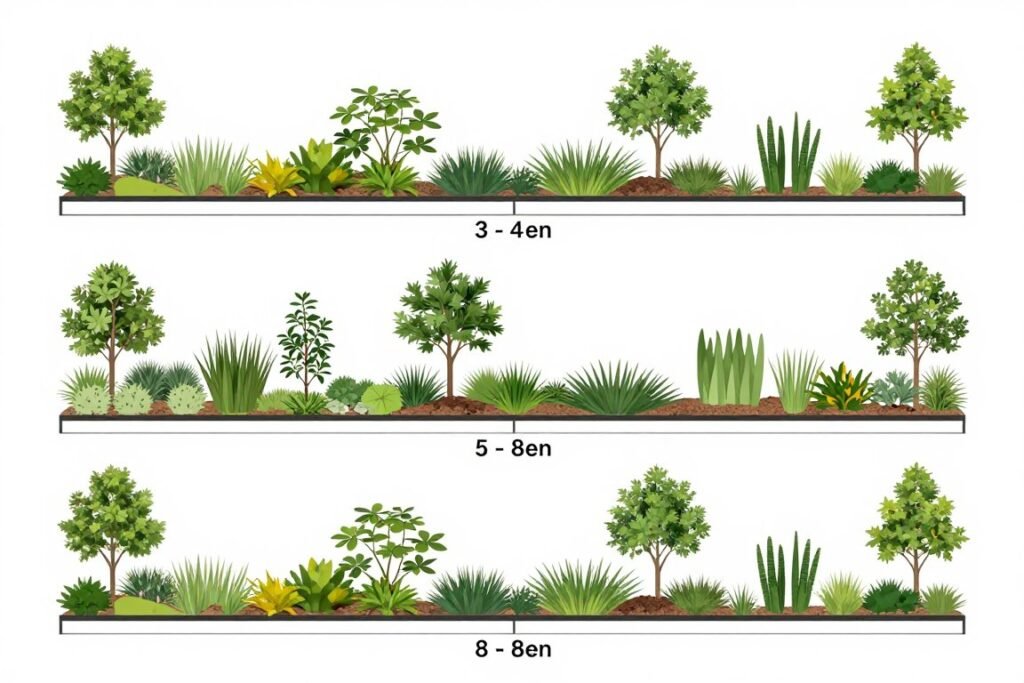 Diagram showing different privacy landscaping options for narrow, medium, and wide spaces between houses