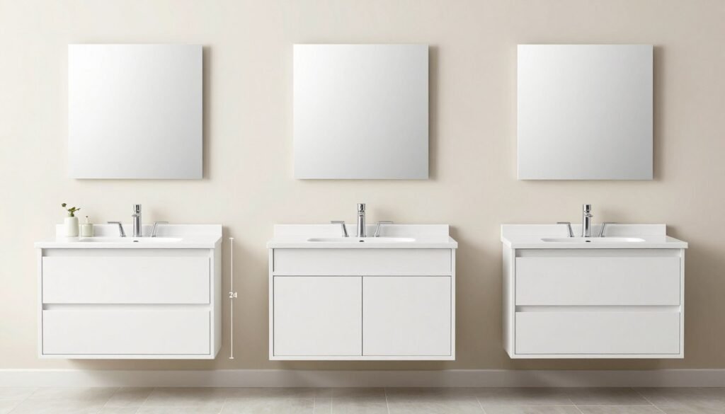 Diagram showing different white vanity sizes and configurations in a bathroom setting