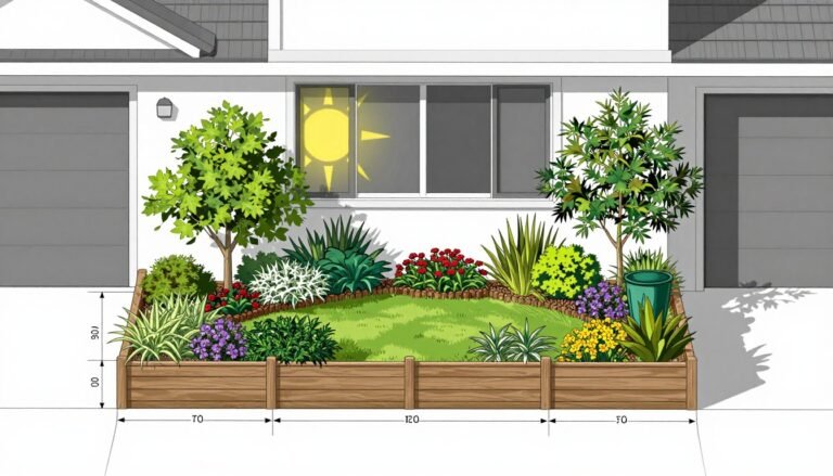 Diagram showing front bed landscaping planning with sun patterns and plant placement for front bed landscaping ideas