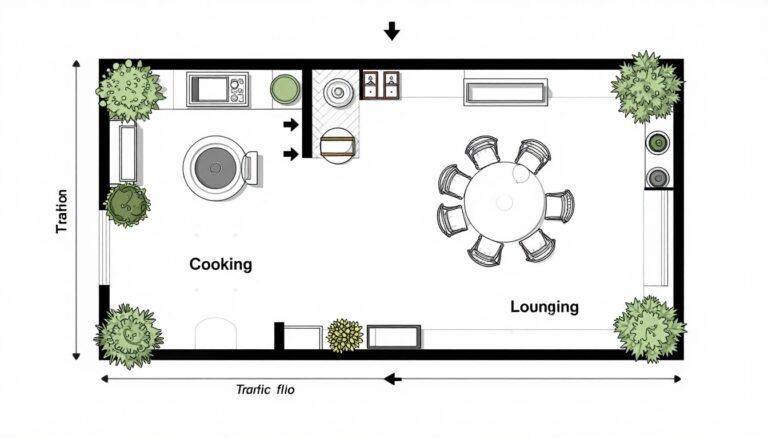 Diagram showing key principles of backyard patio designs layout including traffic flow, zoning, and scale